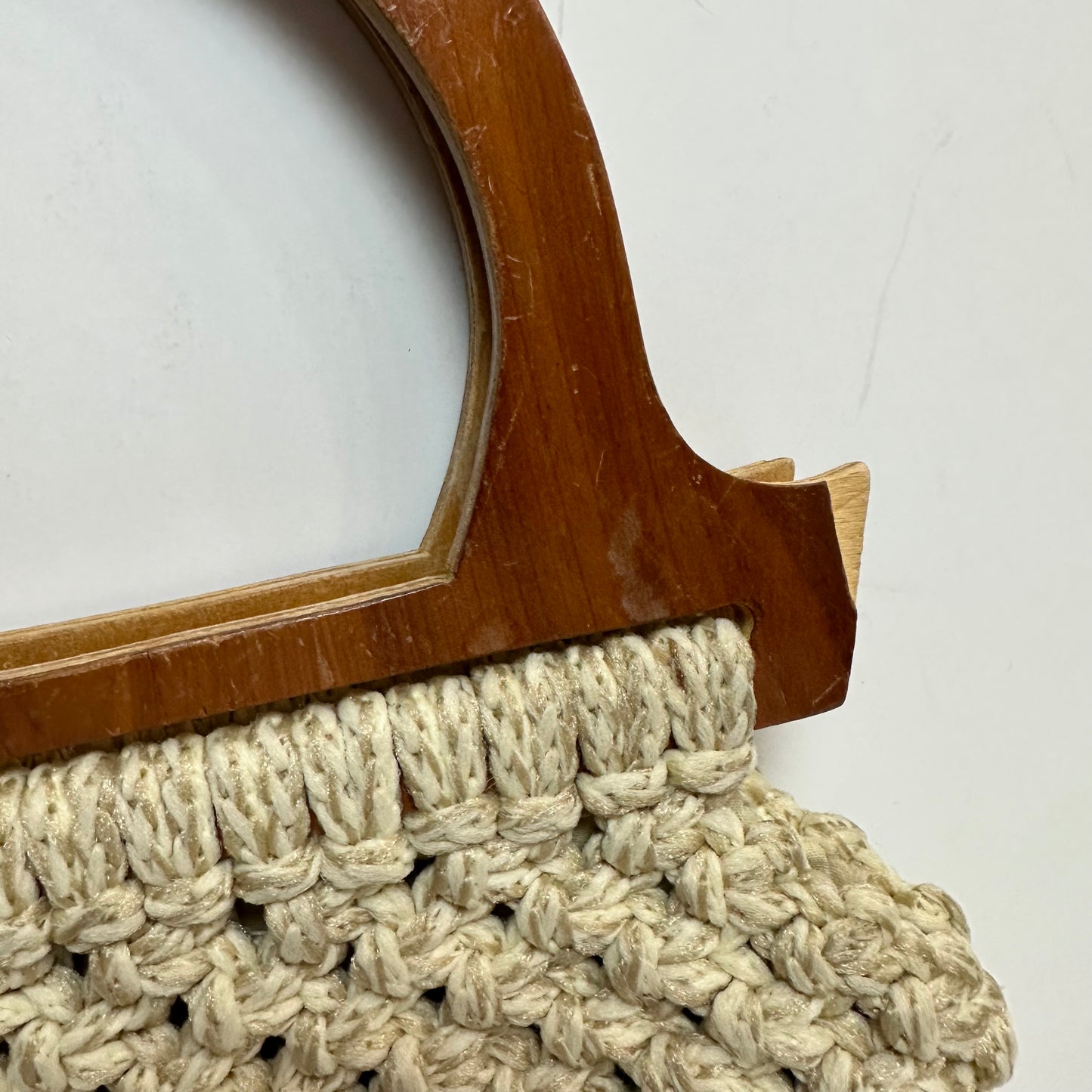 Vintage 70s Macrame Purse Wooden Top Handle Bag