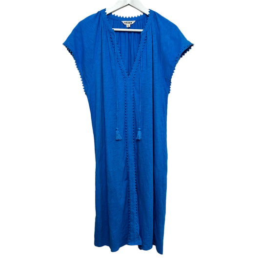 Boden Millie Pom Cotton Dress Blue Short Sleeve Knee Length V Neck 14L