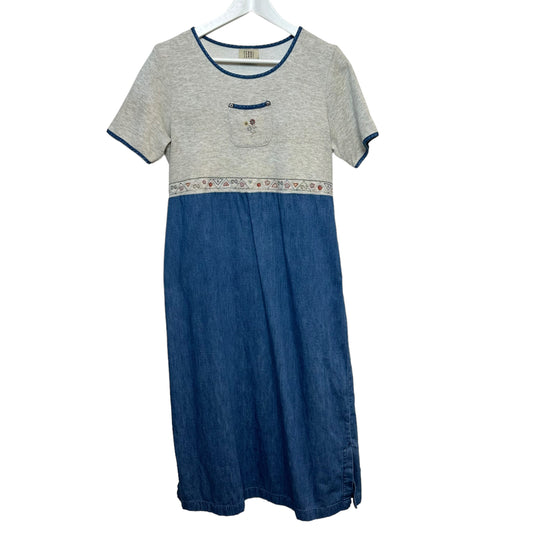 Vintage 90s Teddi Denim Dress Maxi Mixed Media Color Block Floral Boho Medium