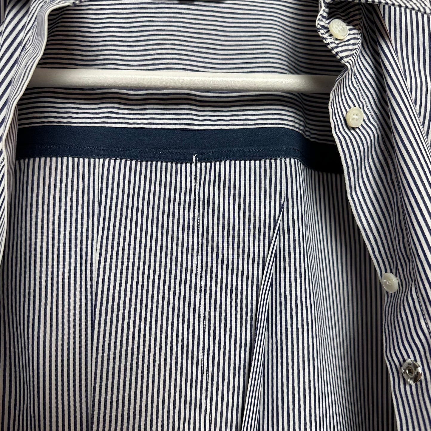 Loro Piana Button Up Shirt Collared Long Sleeve Striped Navy Blue and white Cotton Silk