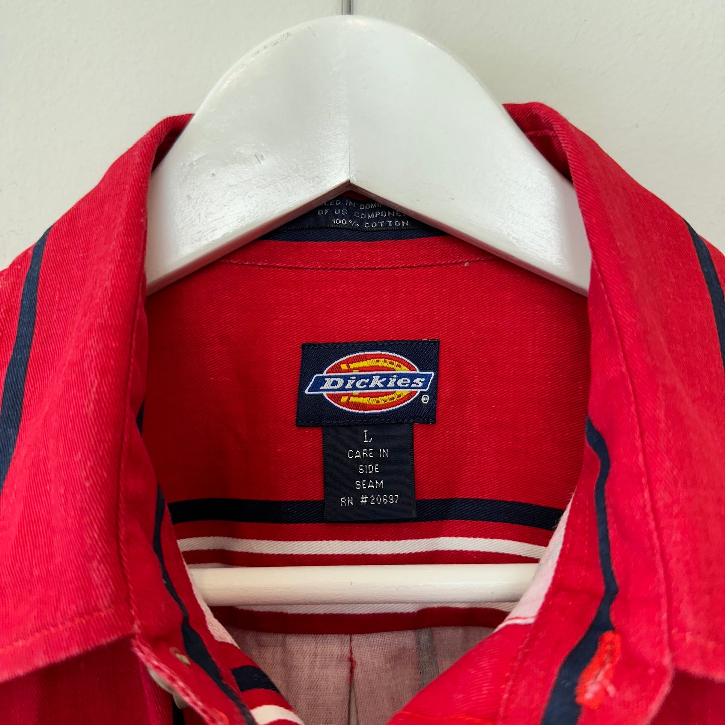 Dickies Short Sleeve Button Down Collared Shirt Red Striped Retro Work Shirt Large