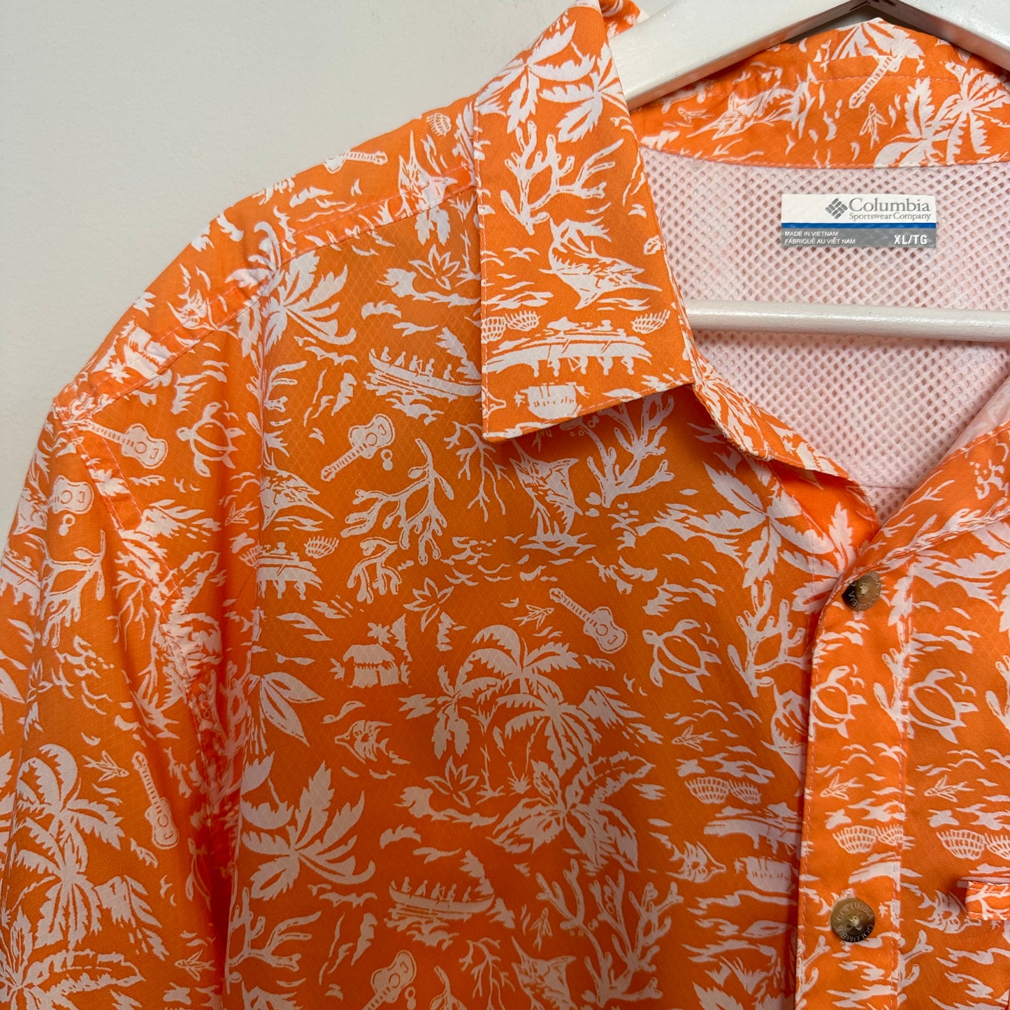 Columbia PFG Sper Slack Tide Camp Shirt Orange Tropical Print Omni - Shade XL