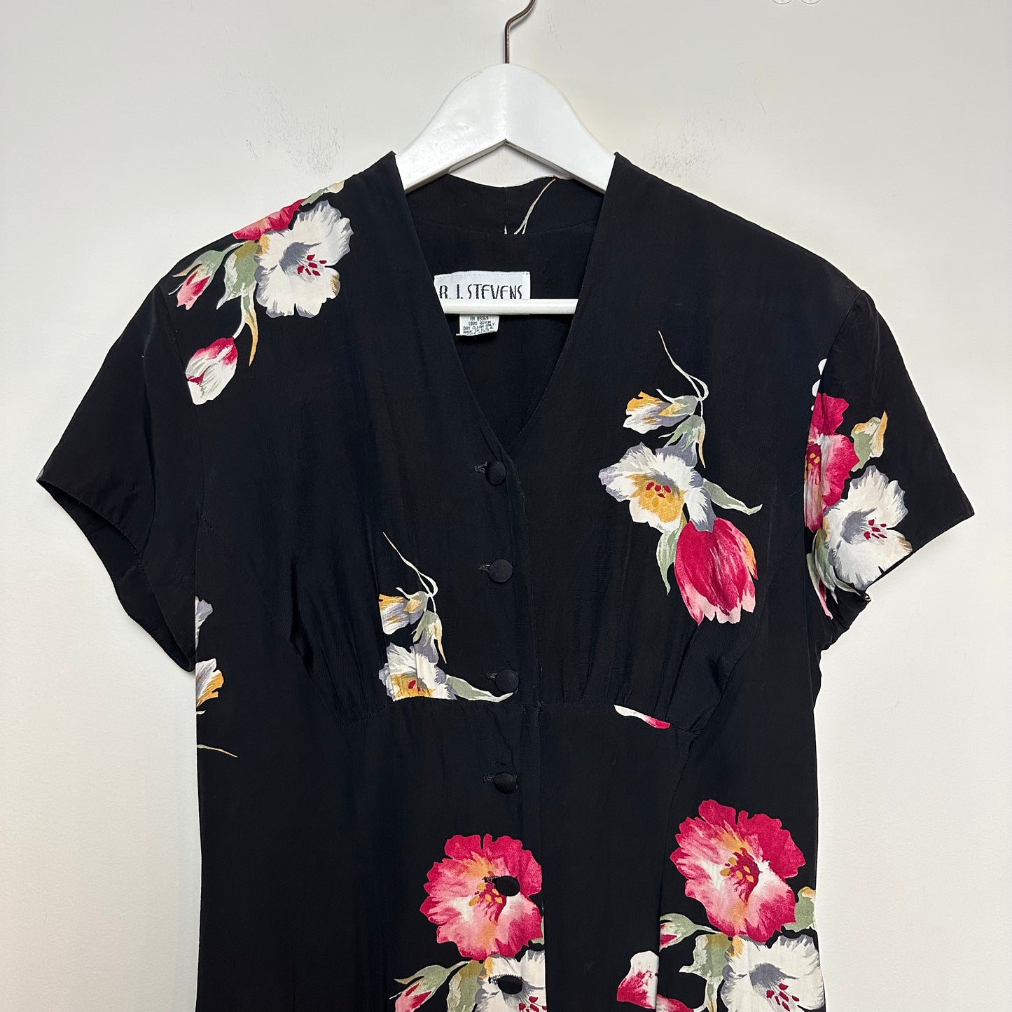 Vintage 90s R.J. Stevens Black Floral Dress Made in the USA Rayon 12