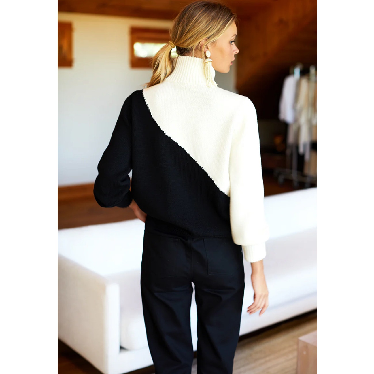 Emerson Fry Mila Sweater Black Ivory Chunky Knit Turtleneck Merino Wool Small
