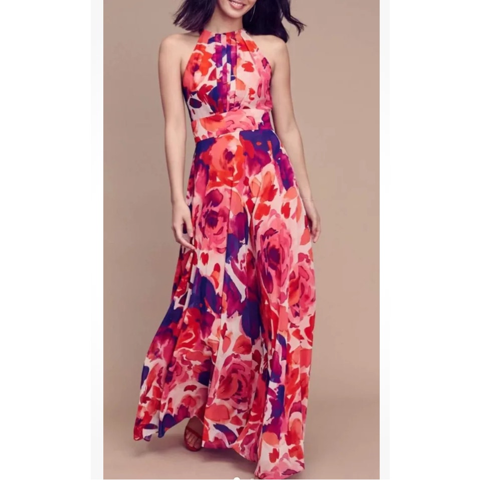 Eliza J Floral Halter Neck Maxi Dress Gown Pink Purple Chiffon Formal 2P