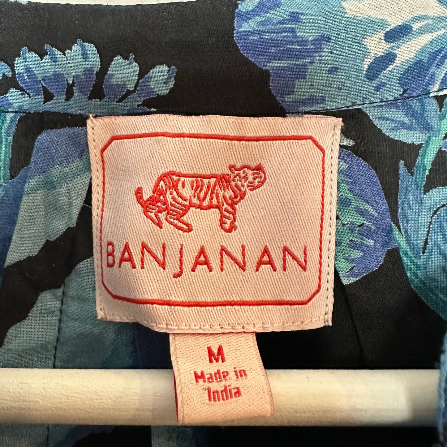 Banjanan Ella Shirt Woden Hedgerow Floral Bird Blouse Long Sleeve Blue Medium
