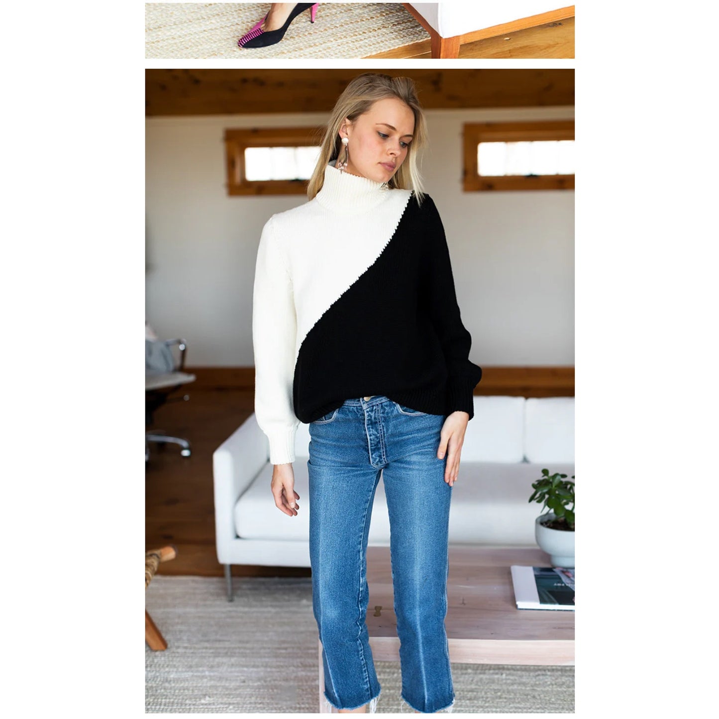 Emerson Fry Mila Sweater Black Ivory Chunky Knit Turtleneck Merino Wool Small