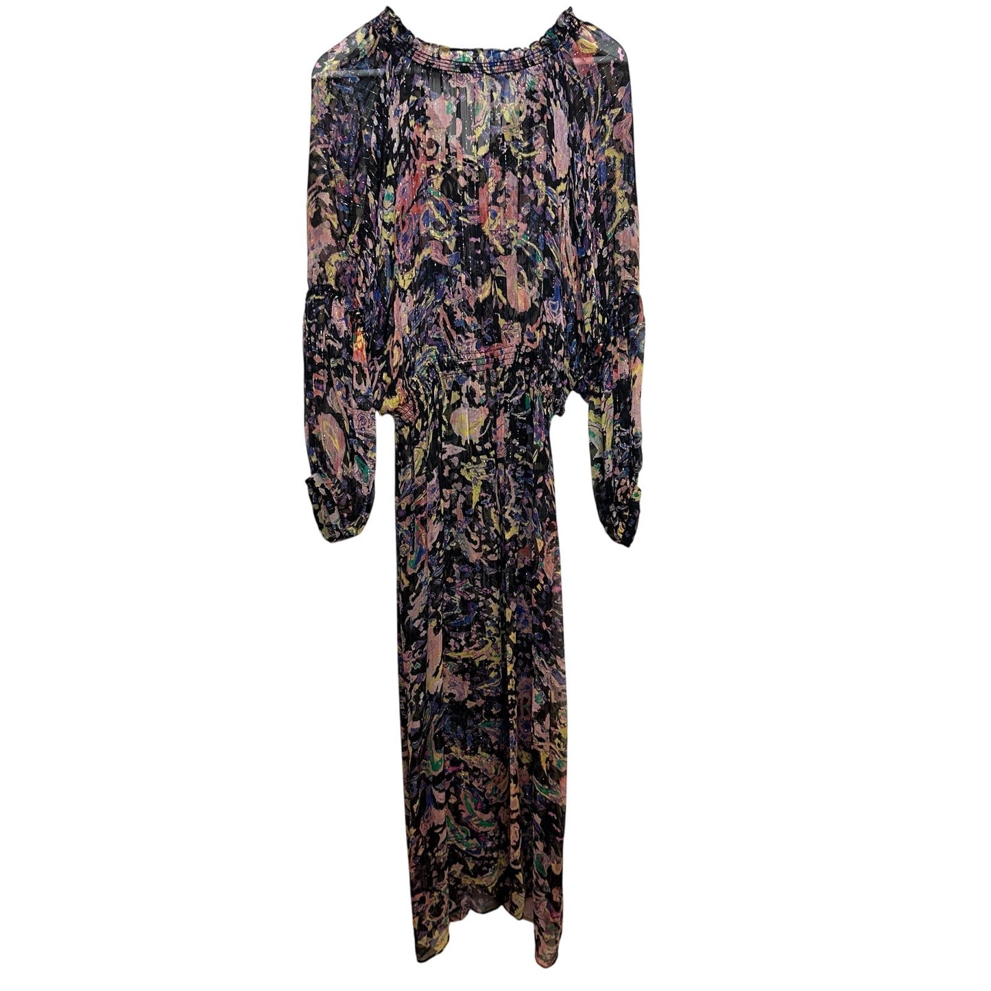 IRO Paris Ramona Dress Ruffle Trimmed Metallic Printed Chiffon Midi 40