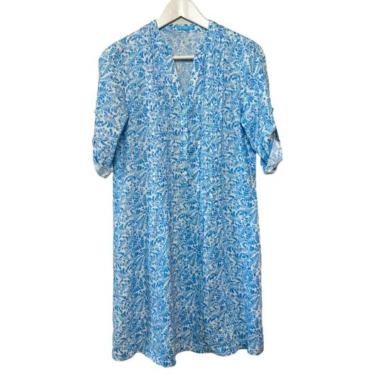J. McLaughlin Riviera Linen Dress Blue and White Popover Shirt Dress Button Front XS