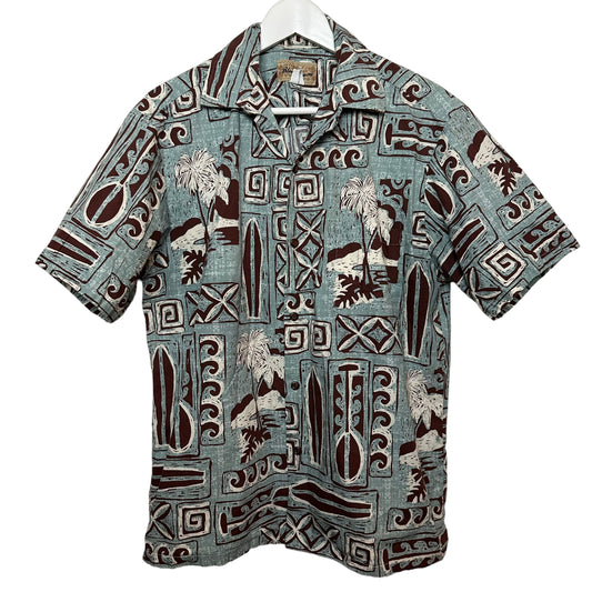 Vintage Blue Hawaii Short Sleeve Button Down Shirt Hawaiian Blue Brown Large
