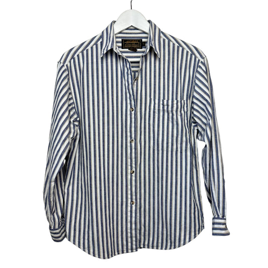 Vintage 90s Eddie Bauer Striped Button Down Collared Shirt Small Blue White Beige