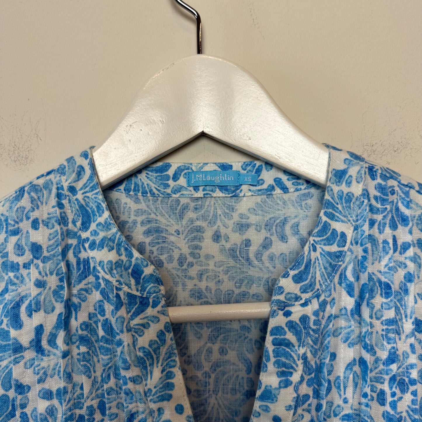 J. McLaughlin Riviera Linen Dress Blue and White Popover Shirt Dress Button Front XS