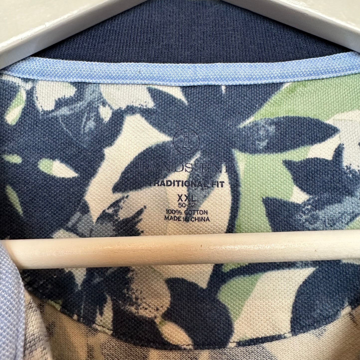 Lands End Tropical Print Polo Shirt Cotton Blue Green Floral XXL