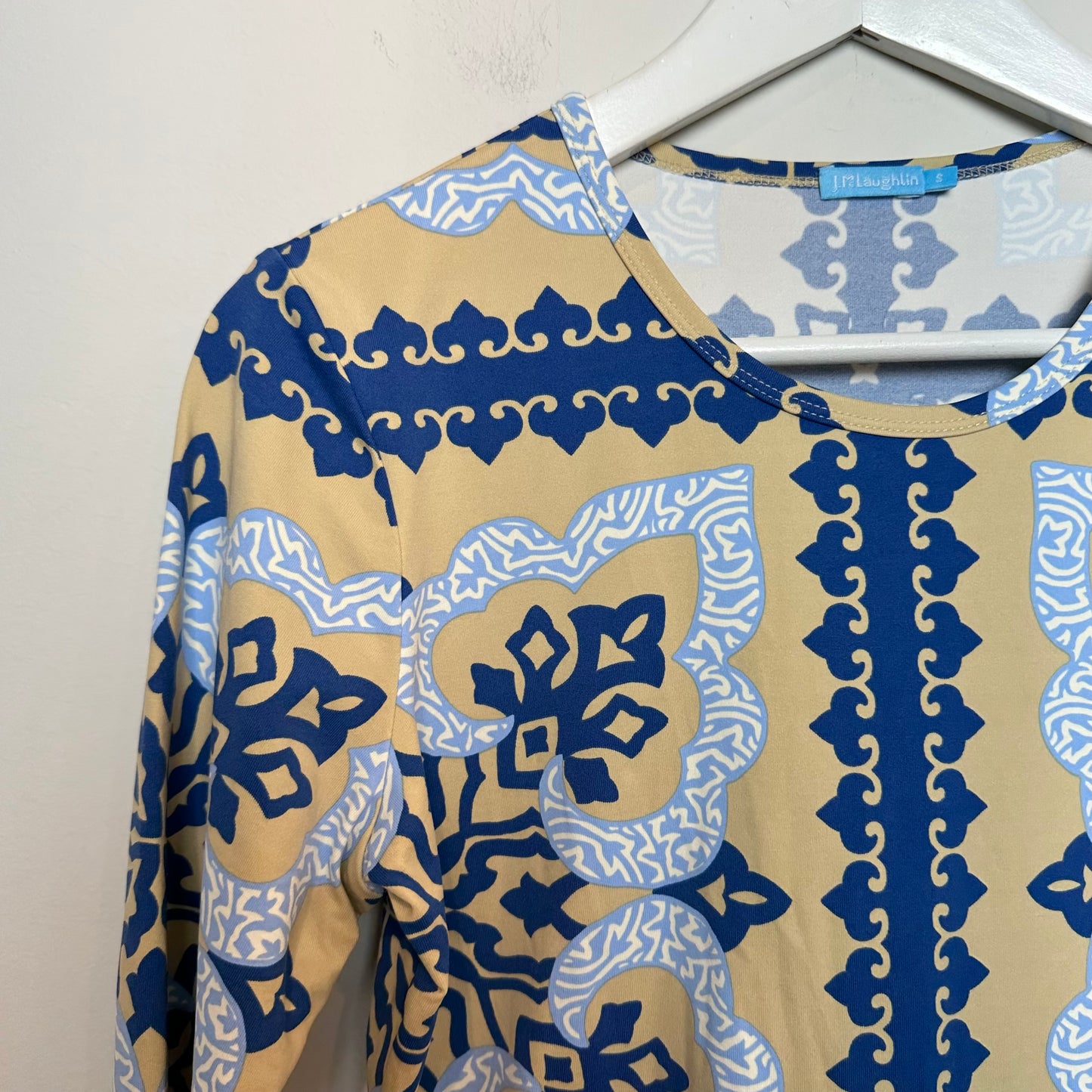 J. McLaughlin Catalina Cloth Long Sleeve Crew Neck Top Blue Beige Small