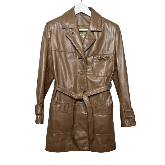 Vintage 70s Etienne Aigner Brown Leather Jacket Coat Tie Waist Belt 8