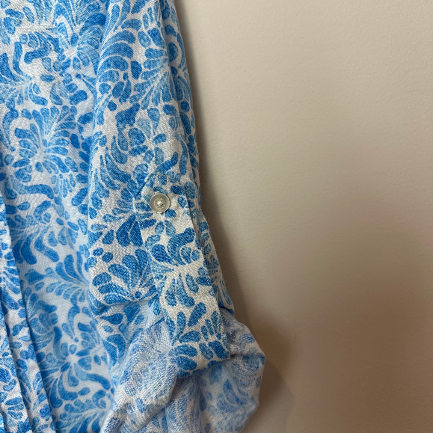 J. McLaughlin Riviera Linen Dress Blue and White Popover Shirt Dress Button Front XS