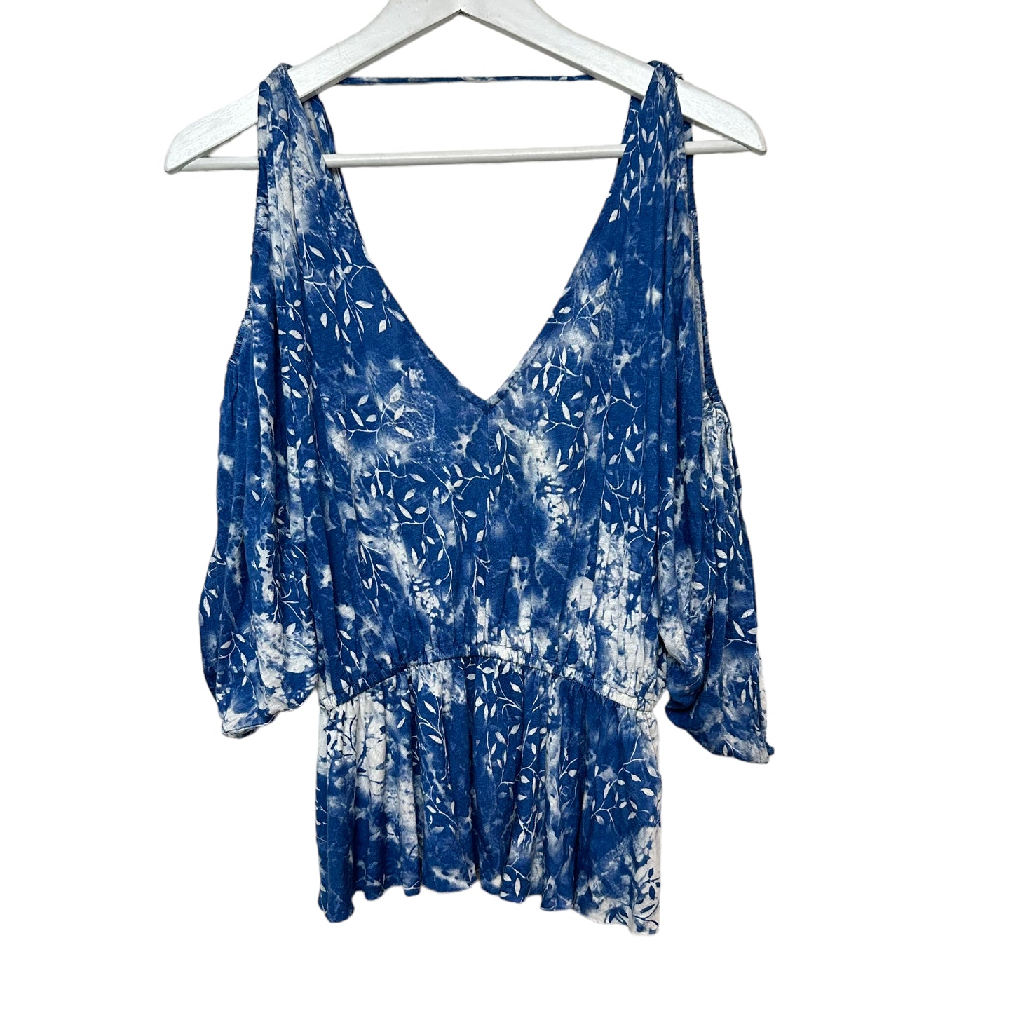 Free People Abracadabra Blouse Blue White Tie Dye Cold Shoulder Peplum Crop Small