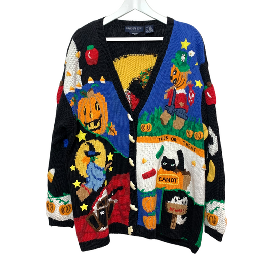 Vintage 90s Eagle's Eye Halloween Cardigan Sweater Hand Knit 3X
