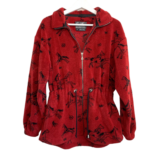 90s Tsunami Horse Fleece Jacket Red and Black with a Collar Size Small