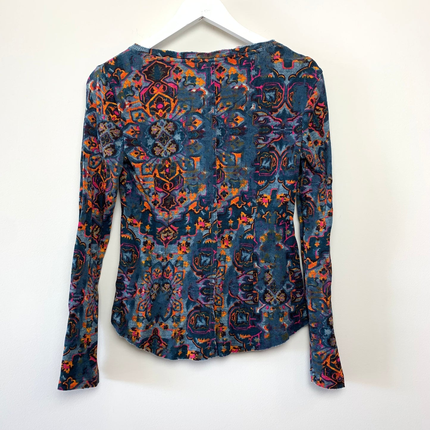 Anthropologie Pilcro Waffle Knit Thermal Top Jewel Tones and Raw Edge XS