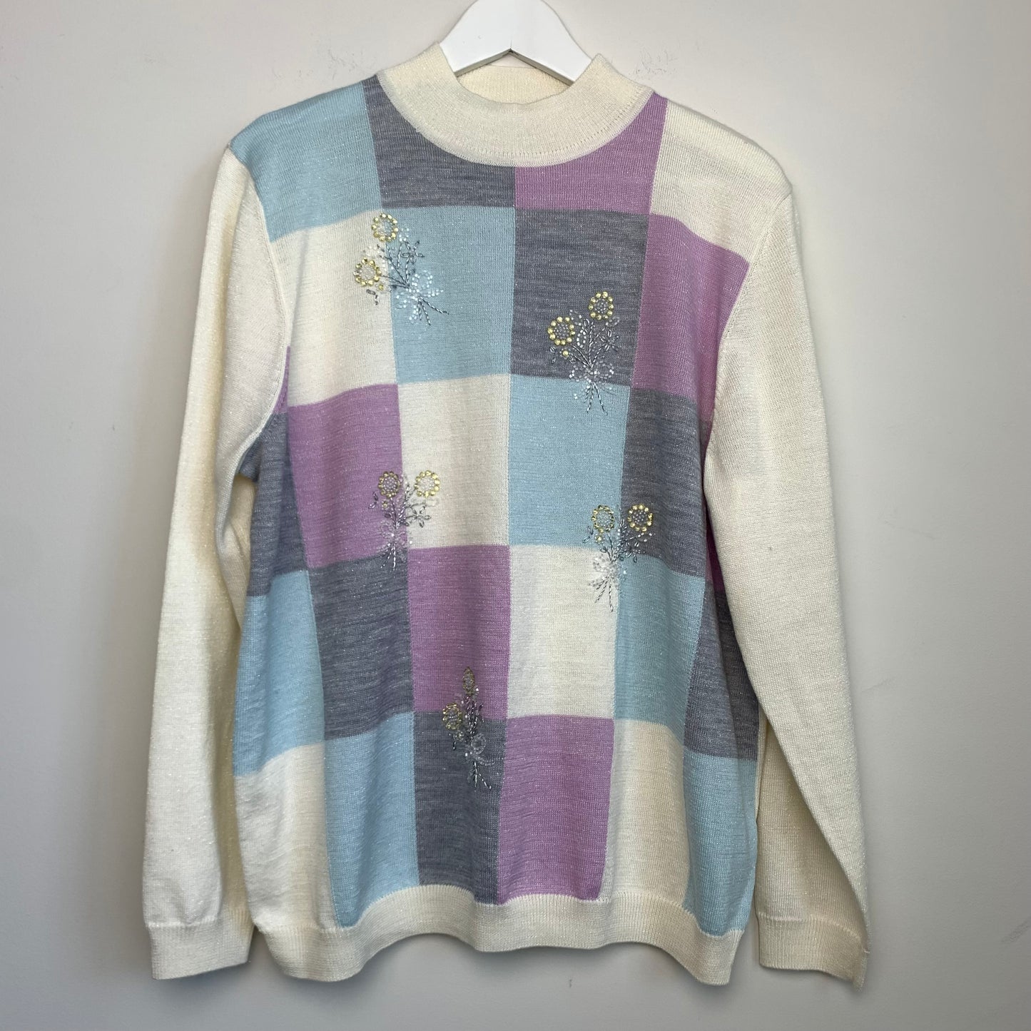Alfred Dunner Patchwork Pastel Beaded Floral Mock Neck Sweater Knit Size XL