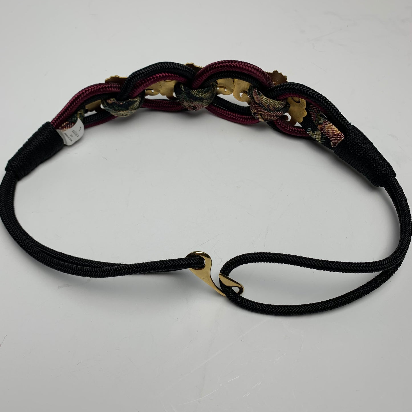 Vintage 80s Braided Rope Belt with Gold Accents and Tapestry Details