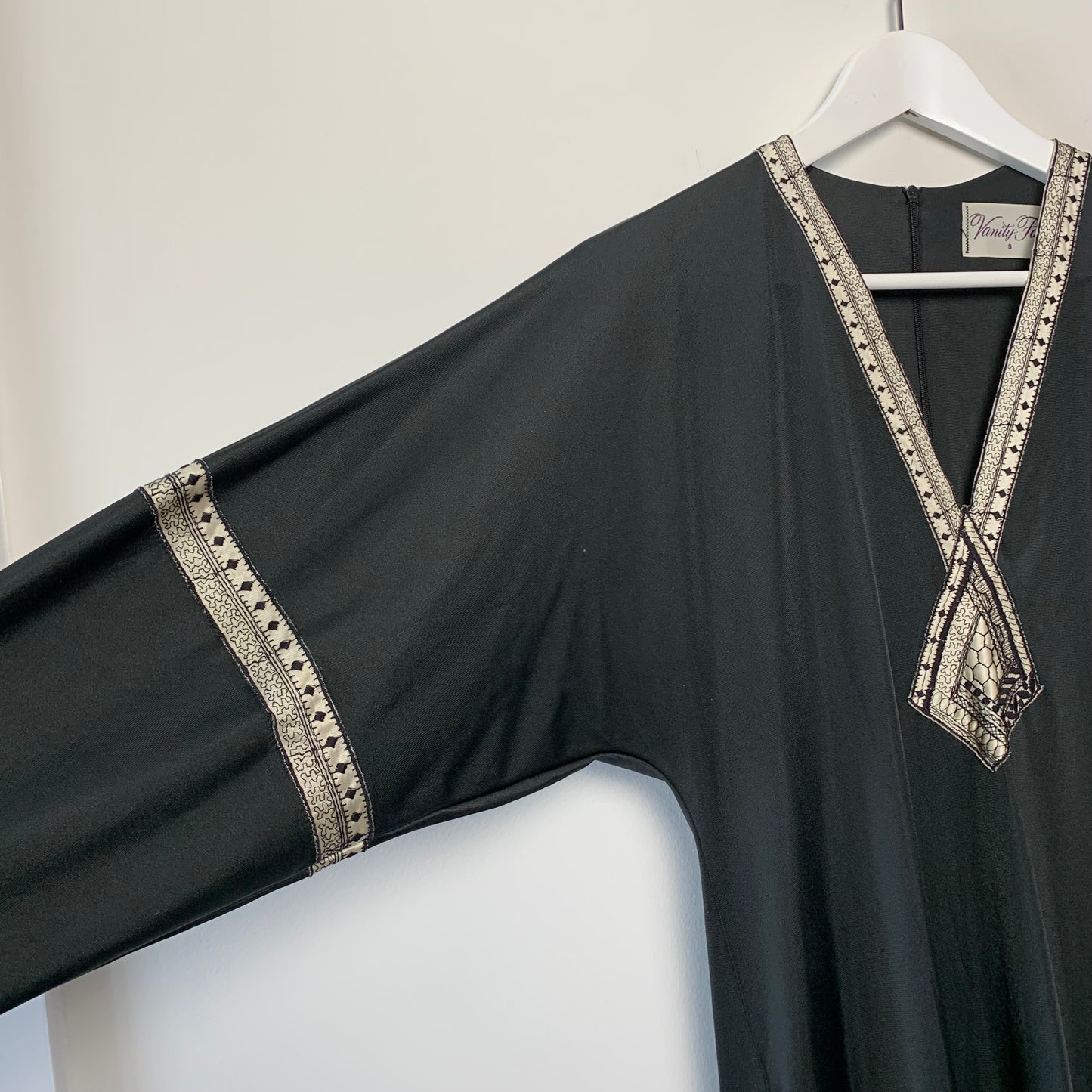 1970s Vanity Fair Black Kaftan Dress Maxi Made in the USA Small Caftan