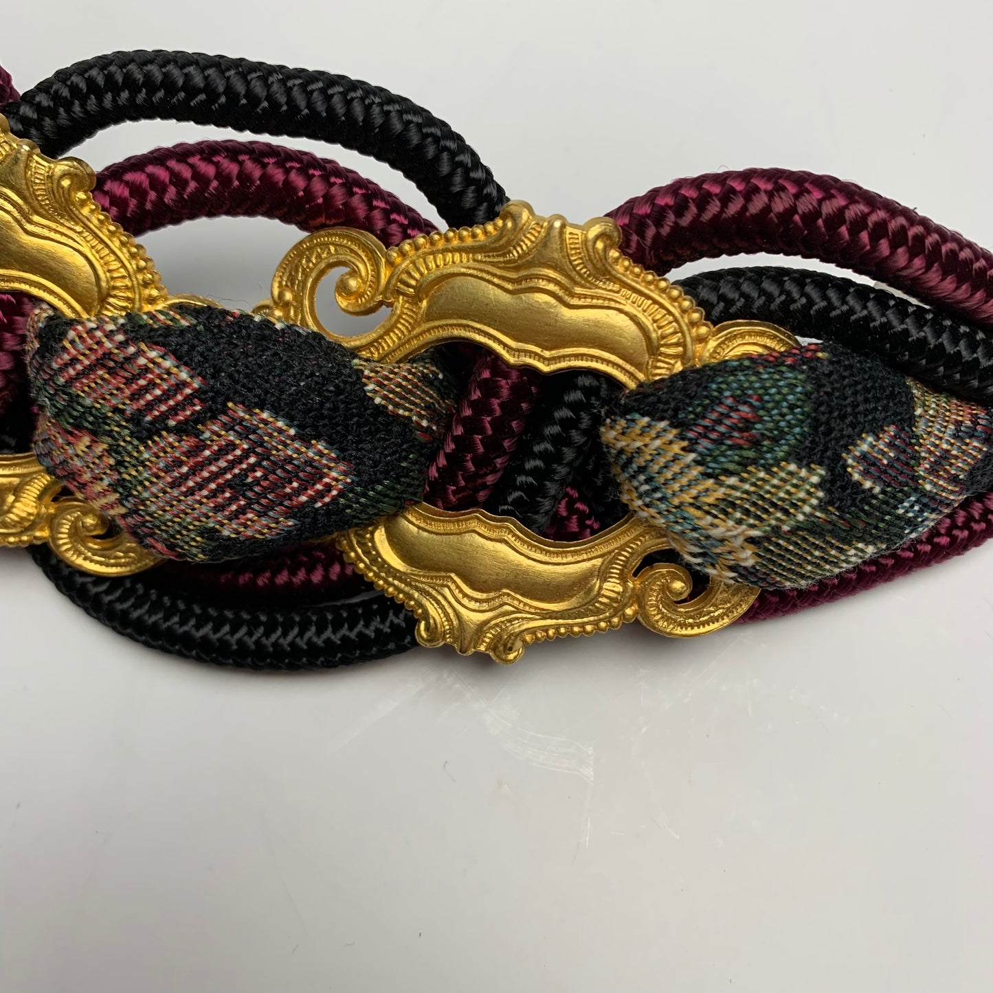 Vintage 80s Braided Rope Belt with Gold Accents and Tapestry Details