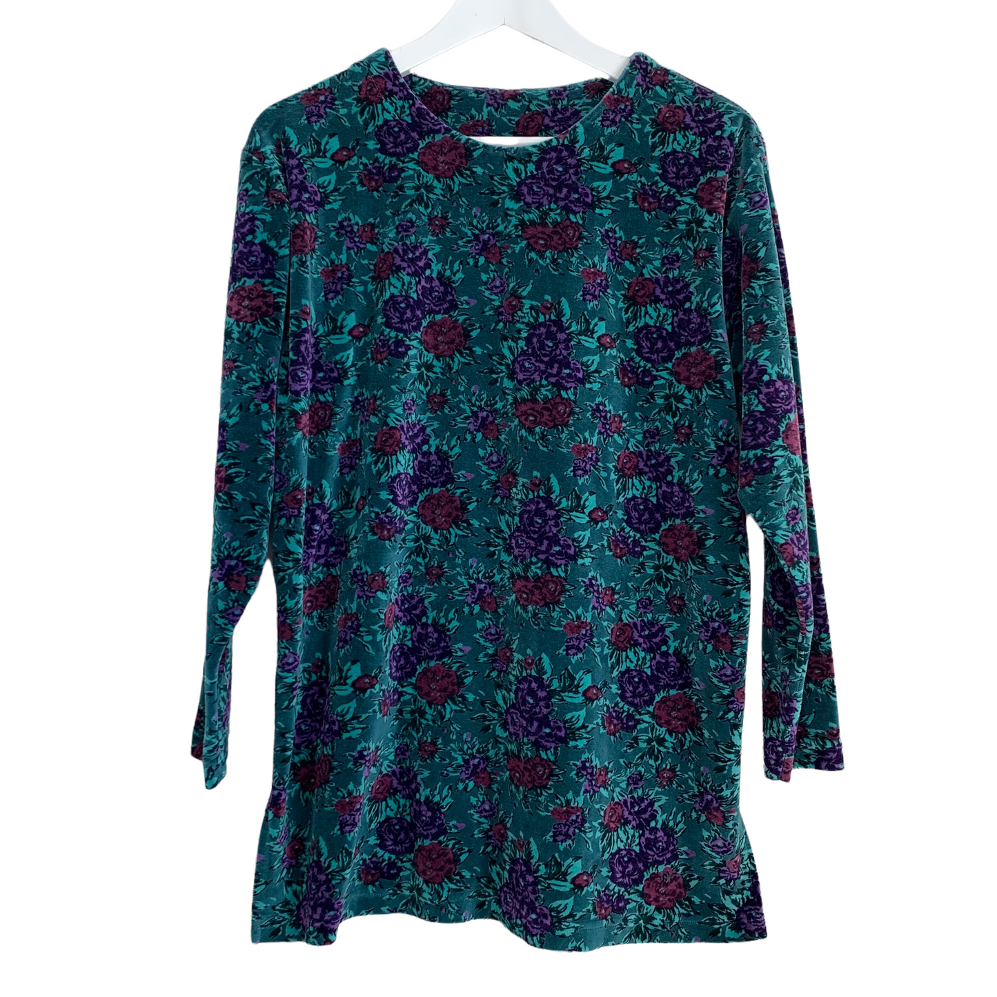 80s 90s SJB Sport Floral Velour Tunic Jewel Tone Size Small Green Blue Purple