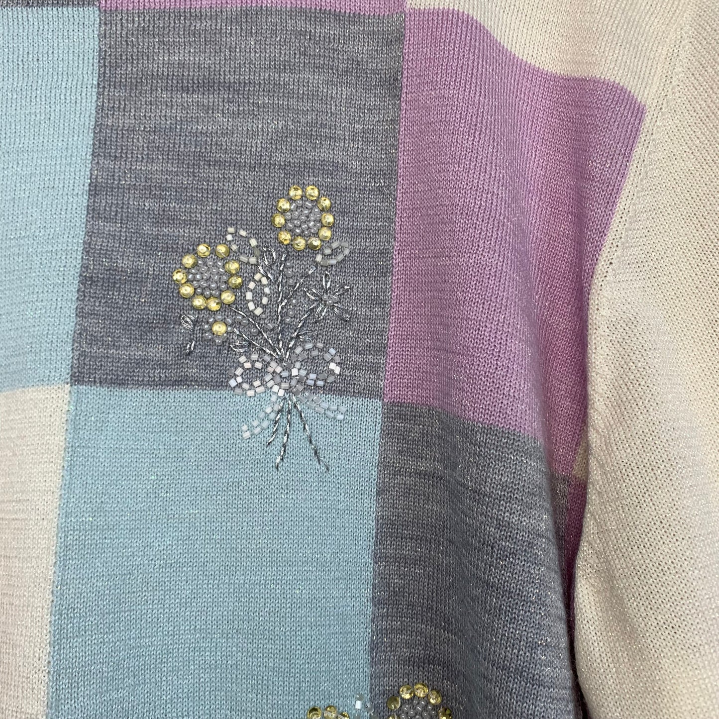 Alfred Dunner Patchwork Pastel Beaded Floral Mock Neck Sweater Knit Size XL