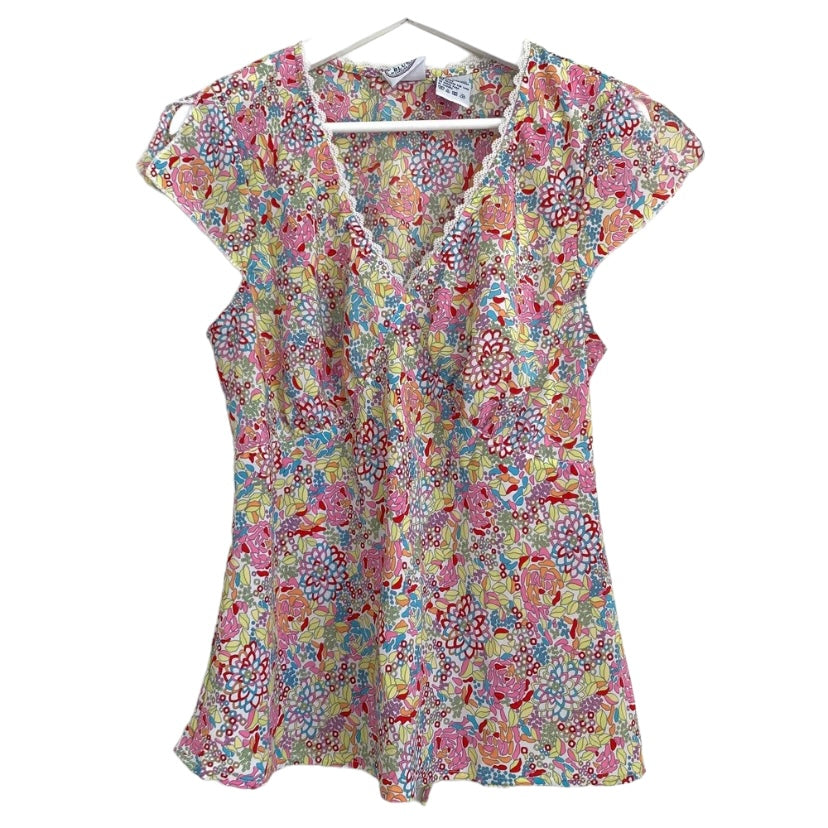Carolina Blues Y2K Style Blouse Colorful Floral Print Psychedelic Cap Sleeve