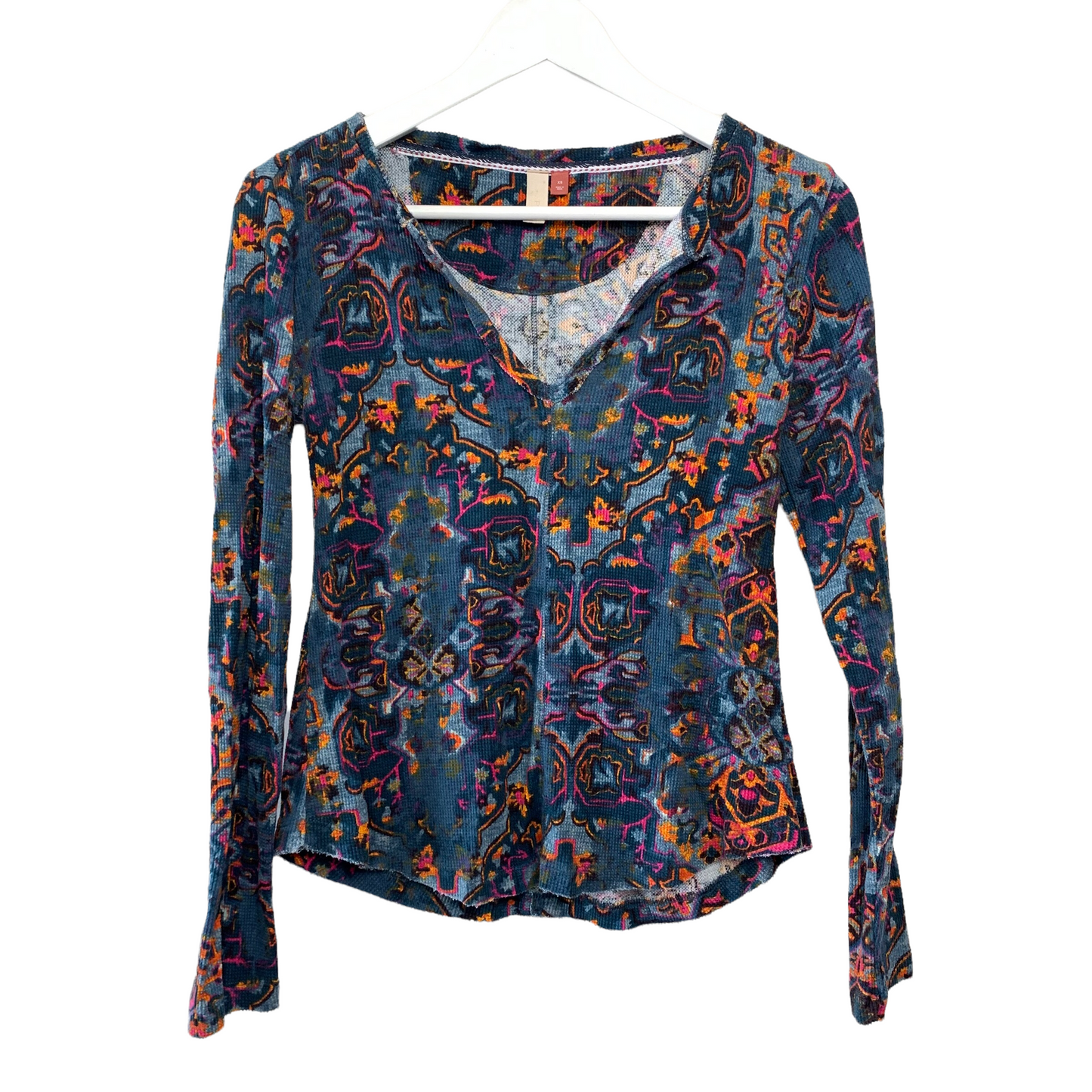 Anthropologie Pilcro Waffle Knit Thermal Top Jewel Tones and Raw Edge XS