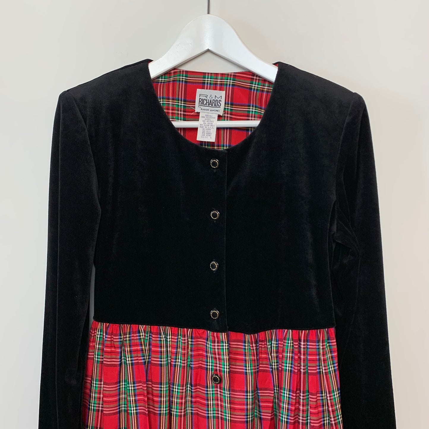 Vintage 80s 90s R & M Richards Red and Black Plaid Midi Dress 6 Made in the USA