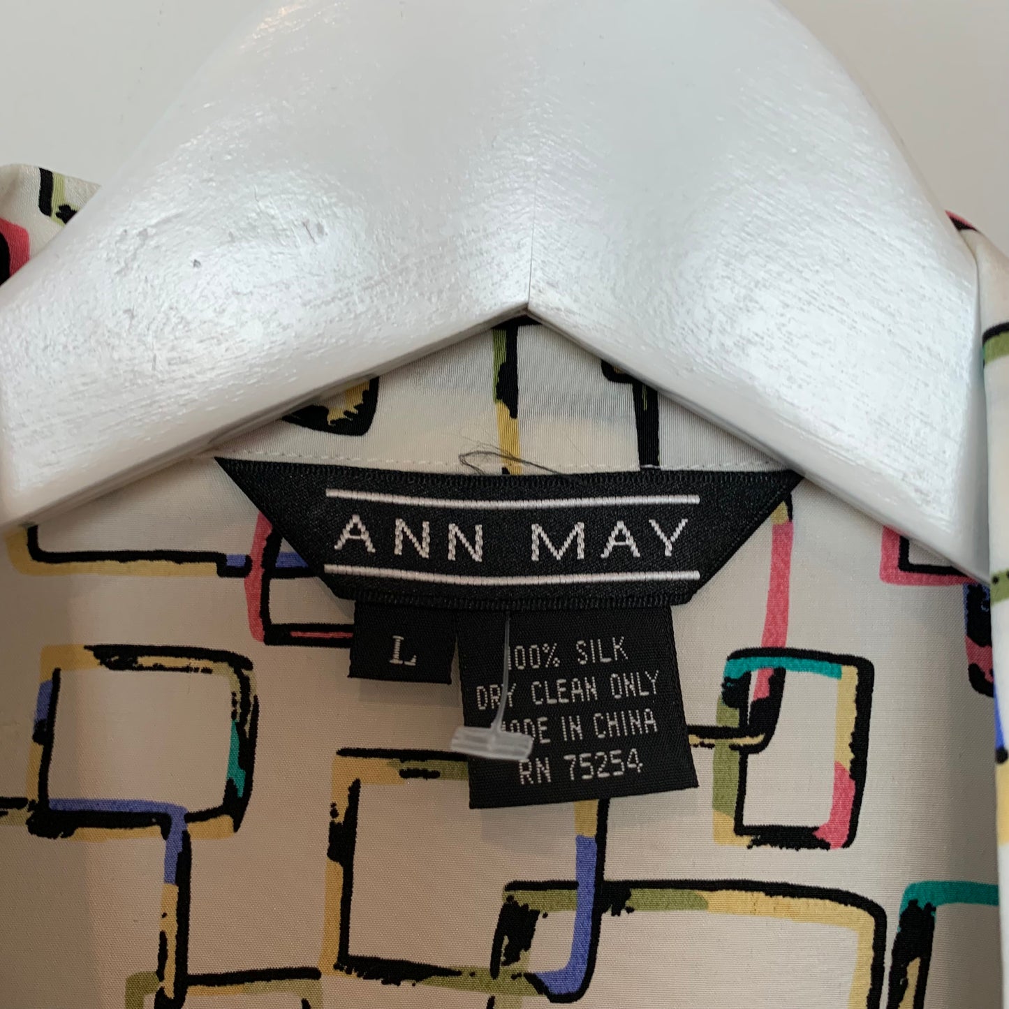 Vintage With Tags Ann May Geometric Print Silk Blouse Button Down Collared Shirt Large