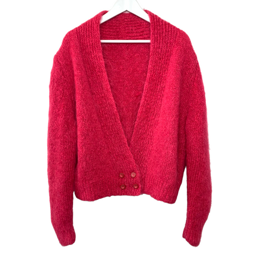 Vintage Knit Cardigan Sweater Deep V-Neck Long Sleeve Pink