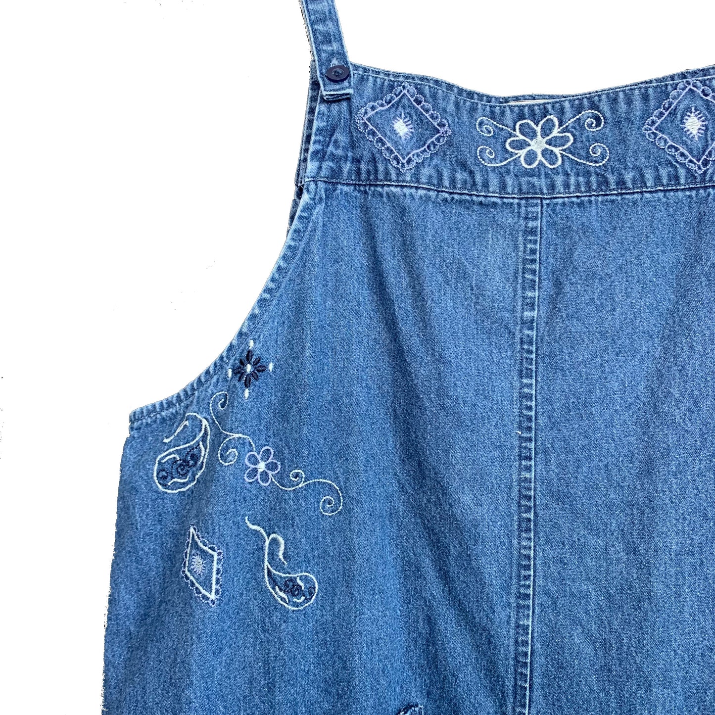 Vintage 90s Carolina Bay Denim Jean Jumper Maxi Dress with Embroidery XL