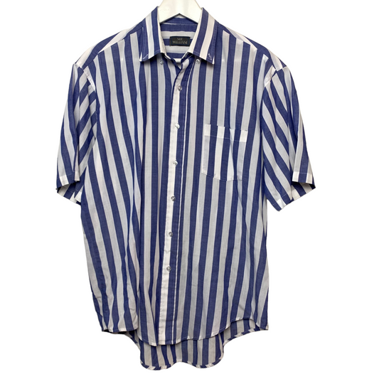 Vintage Sir William Blue and White Striped Short Sleeve Button Down Collared Shirt Medium