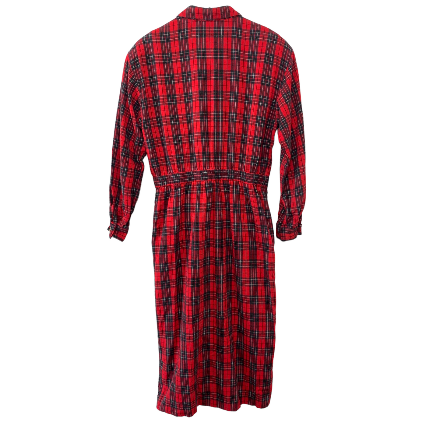 Vintage 90s Andrew Harvey Red Plaid Tartan Flannel Midi Dress Long Sleeve Shirt Dress 10