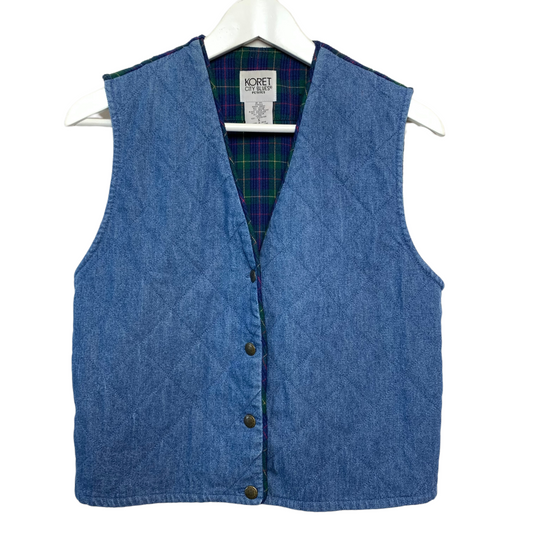 Vintage 90s Koret Denim Quilted Vest with Plaid Small Petite