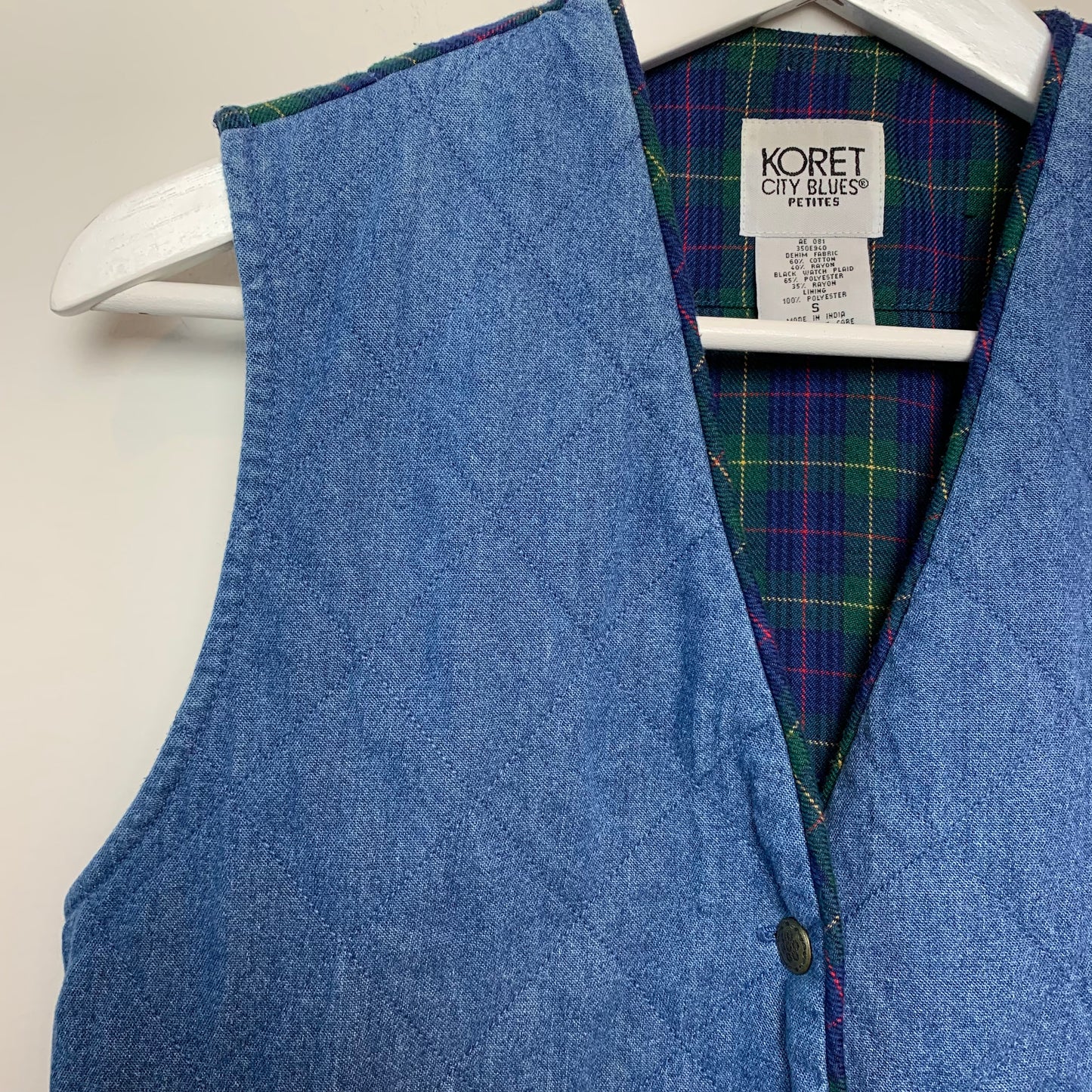 Vintage 90s Koret Denim Quilted Vest with Plaid Small Petite