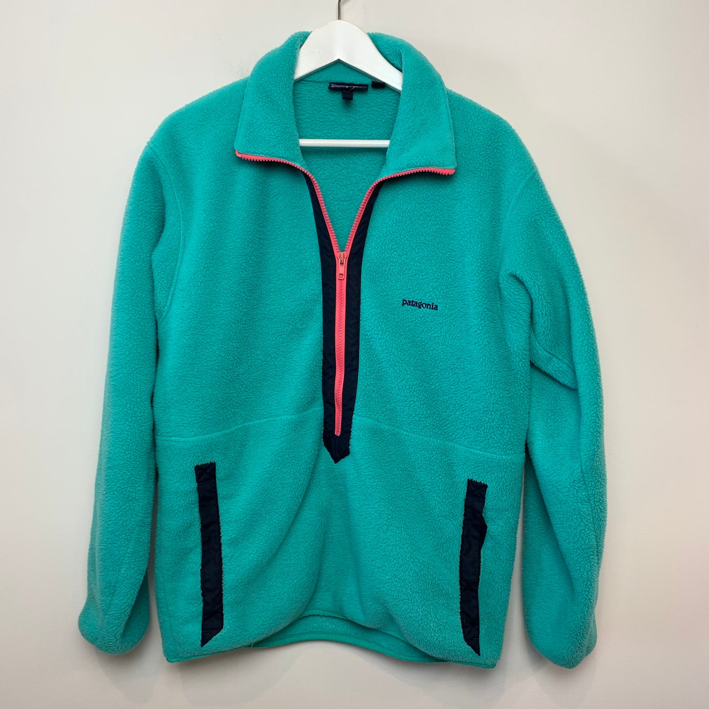 Vintage 80s Patagonia Fleece Half Zip Pullover Teal and Pink Made in the USA Medium