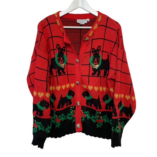 Vintage 80s Sweater Loft NY Scottie Dogs Red Christmas Cardigan Sweater Made in the USA Medium