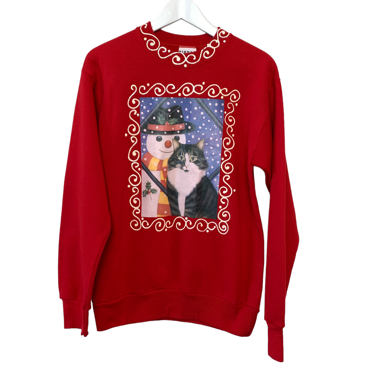 Vintage 90s Signal Sports Cat and Snowman Red Puff Paint Winter Sweatshirt Medium