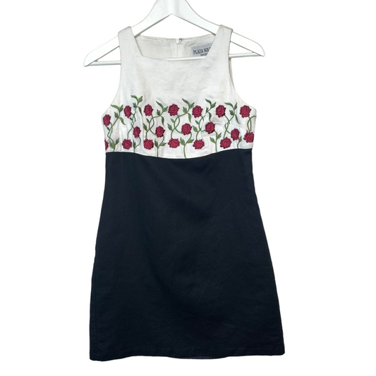 Vintage 90s Plaza South Mini Dress Roses Floral Black and White 4 Petite