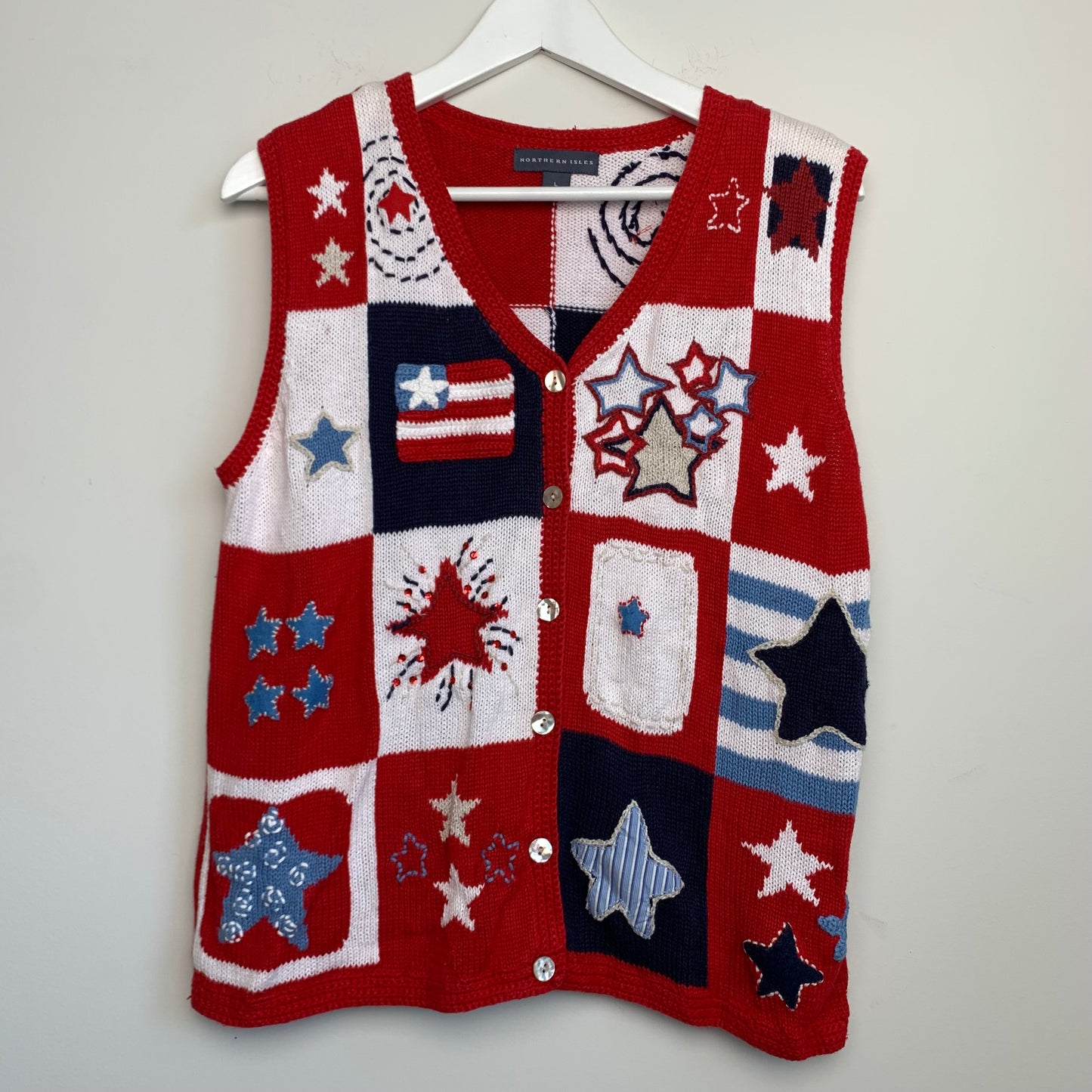 Northern Isles Americana 4th of July Sweater Vest Knit Patchwork Size Large