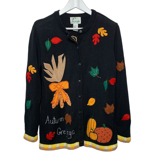 Vintage 90s The Quacker Factory Fall Autumn Greetings Cardigan Sweater Small