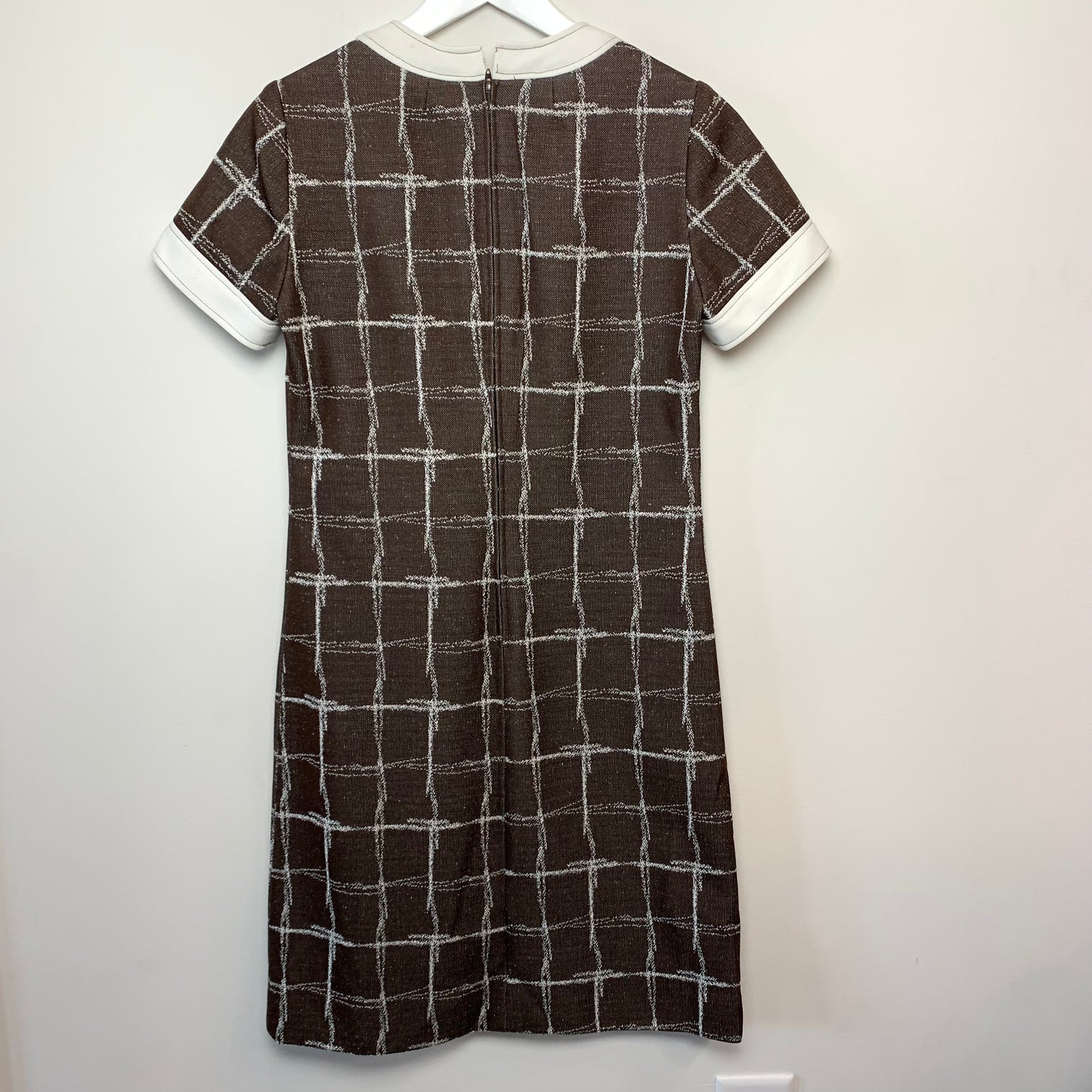 1970s 1960s Andrea Shift Midi Dress Brown Geometric Print Union Made Small