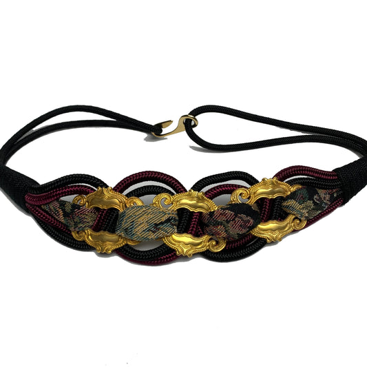 Vintage 80s Braided Rope Belt with Gold Accents and Tapestry Details