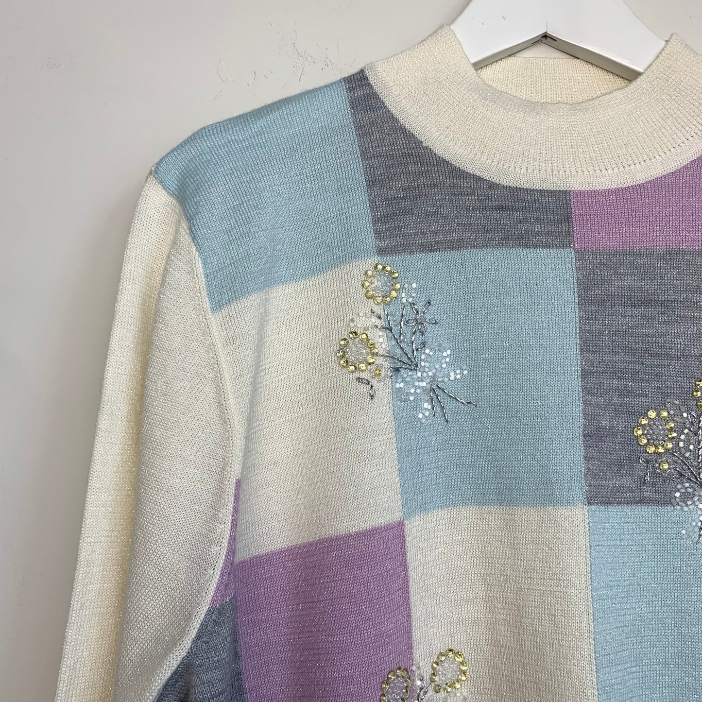 Alfred Dunner Patchwork Pastel Beaded Floral Mock Neck Sweater Knit Size XL