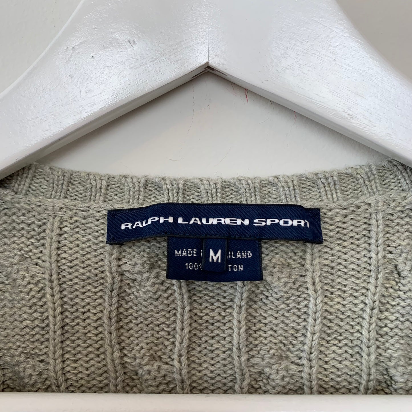 Ralph Lauren Sport Cable Knit V Neck Sweater Grey Medium Cotton